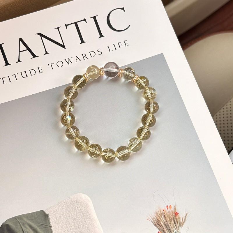 Handmade Natural Citrine Clear Quartz Beaded Bracelet Women Fresh Style Single Circle Design