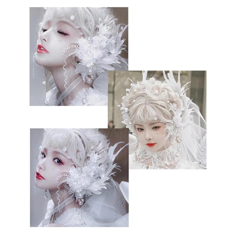 Handmade Cosplay Gothic Lolita Angel Wings Hairpin Demon Headdress Harajuku Horns Embroidery Feather Hair Clip Anime Accessories