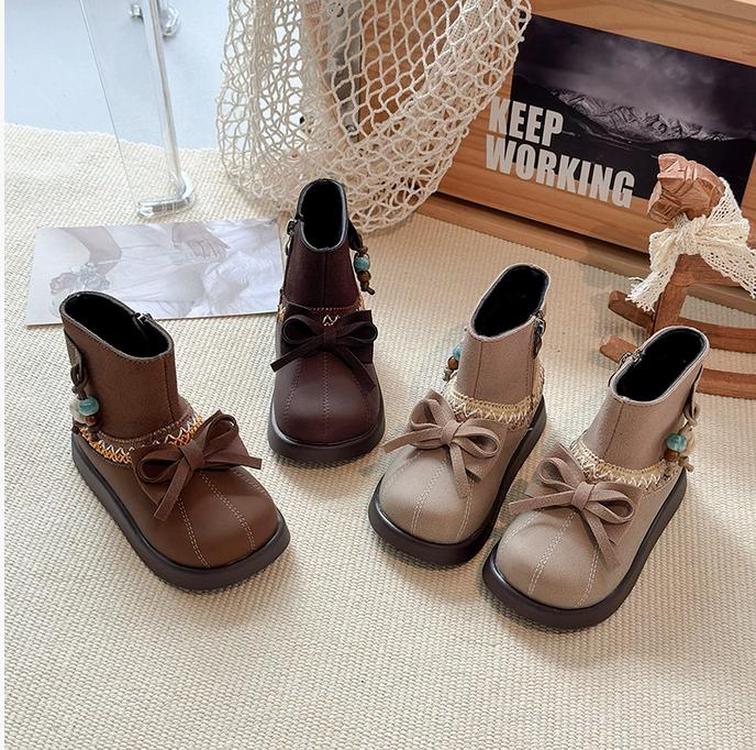 Girls Short Boots Ethnic Style Kids Leather Boots with Simple Bows Autumn Winter Children Princess Boots Side Zipper Sweet