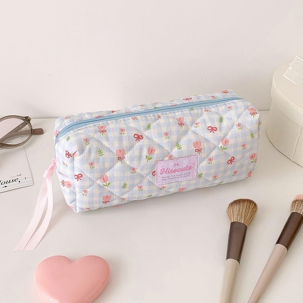 Bow Quilted Pencil Pouch Korean Style Pen Bag Large Capacity Cloth Stationery Bag Kids Children