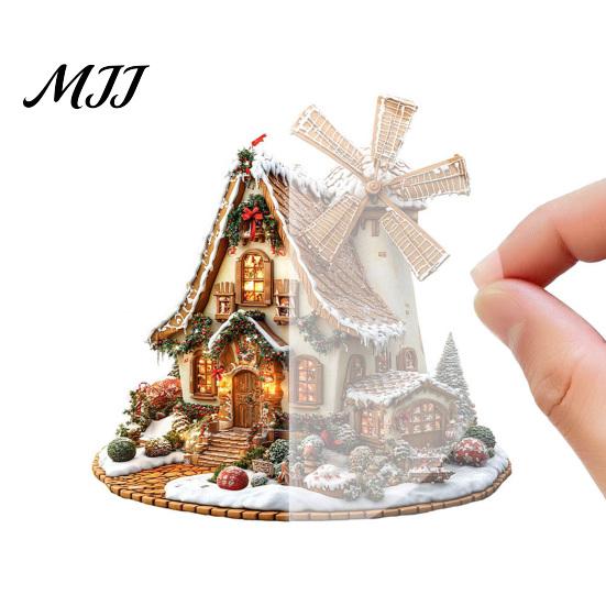 Waterproof Acrylic Holiday Crafts Gingerbread Log Cabin Ornament, 2D Table Decoration, Standing Christmas Ornaments Double Sided for Home Party