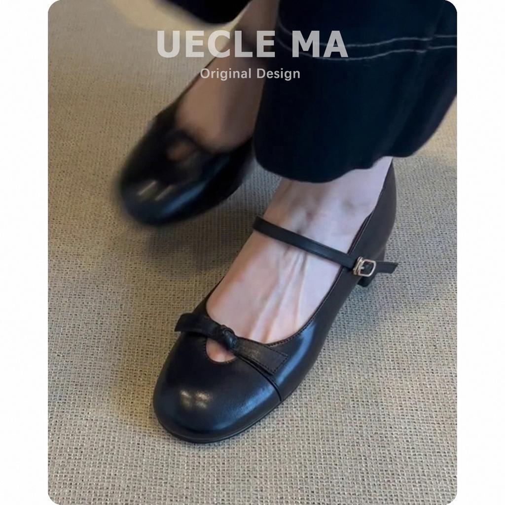 Versiune piele de oaie~ pantofi retro din piele pantofi simpli cu gură ușoară franțuzească pantofi cu toc gros cu fundă pentru femei versatili negri pantofi Mary Jane