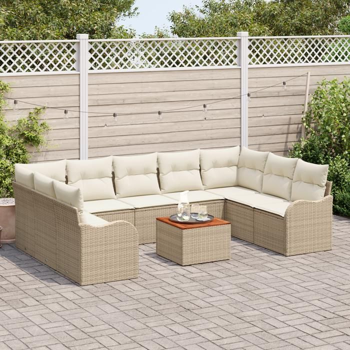Ensemble de Canapé Jardin 10 Pièces avec Coussins Beige Rotin Poly Acacia, Canapé Jardin 2 Places avec Coussins Beige Rotin 3347498