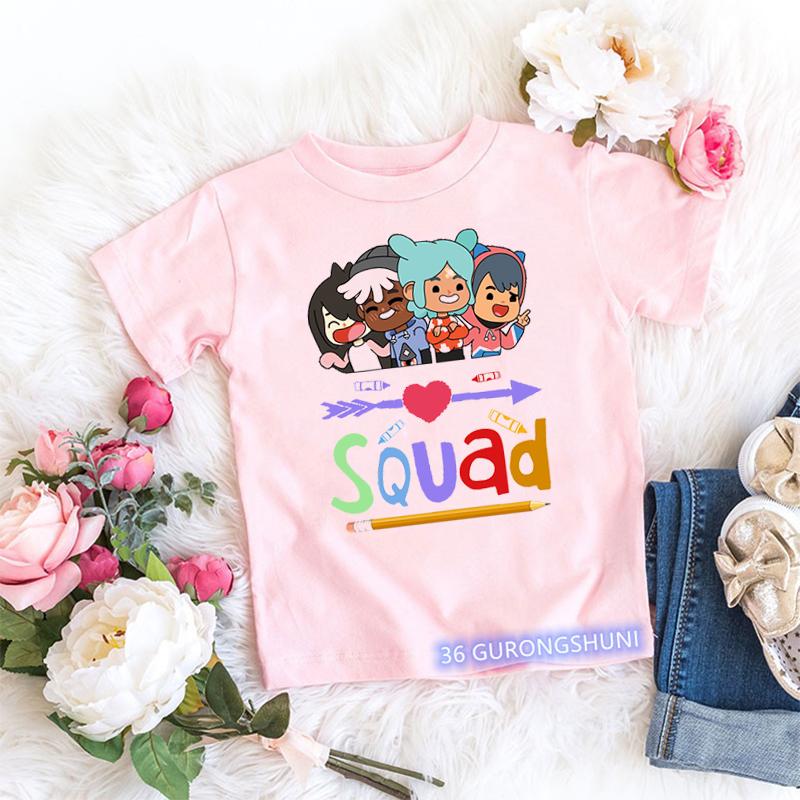 Magliette Kawaii per Bambini Divertenti Stampa Cartone Animato Mondo Toca Videogioco Maglietta per Bambini Piccoli Moda Estiva Magliette per Bambine Top Rosa