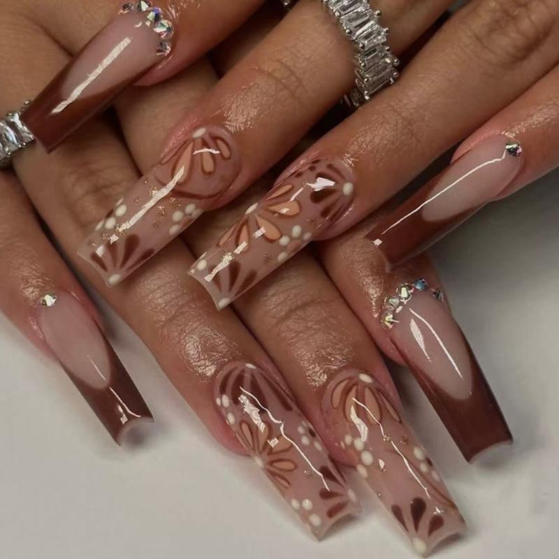 

24 шт. Длинные ногти-гробики, накладные, глянцевые, с французским цветочным дизайном, сверкающие, осенне-зимние, легкое нанесение, не требуются инструменты 1