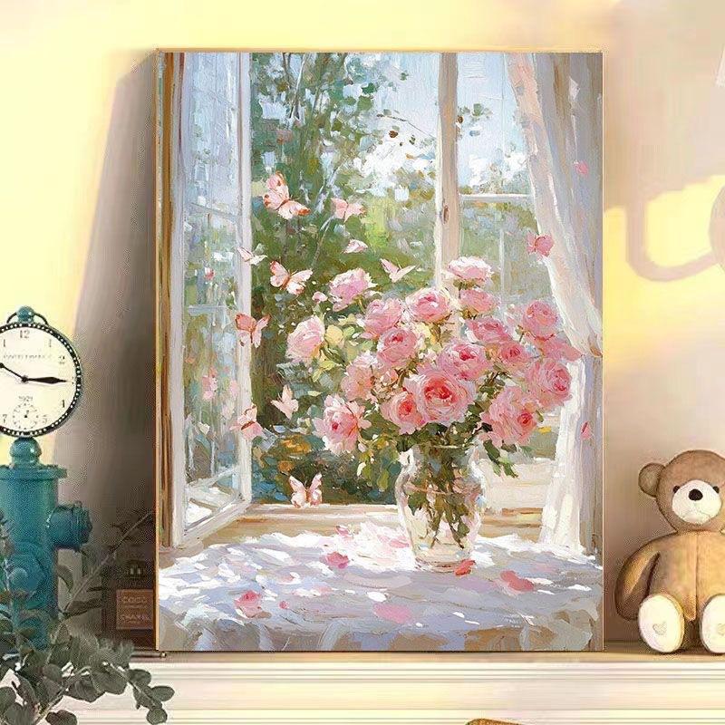 Diy Digital Oil Painting Windowsill Flower Series Hand-Filled Coloring Oil Painting Decompression Healing Decorative Hanging Painting