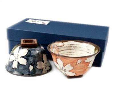 Arita Hasami Ware Kikusho Kiln Oribe Dark Cherry Blossom Pair of Tea Bowls (husband and Wife Tea Bowls) 20605