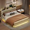 Gestoffeerd Bed 160*200 met LED-verlichting en USB-poort, Hoofdbord met Opbergruimte, Zwevend Bed Jeugd Bed Volwassen Bed, Linnen Stof, Beige