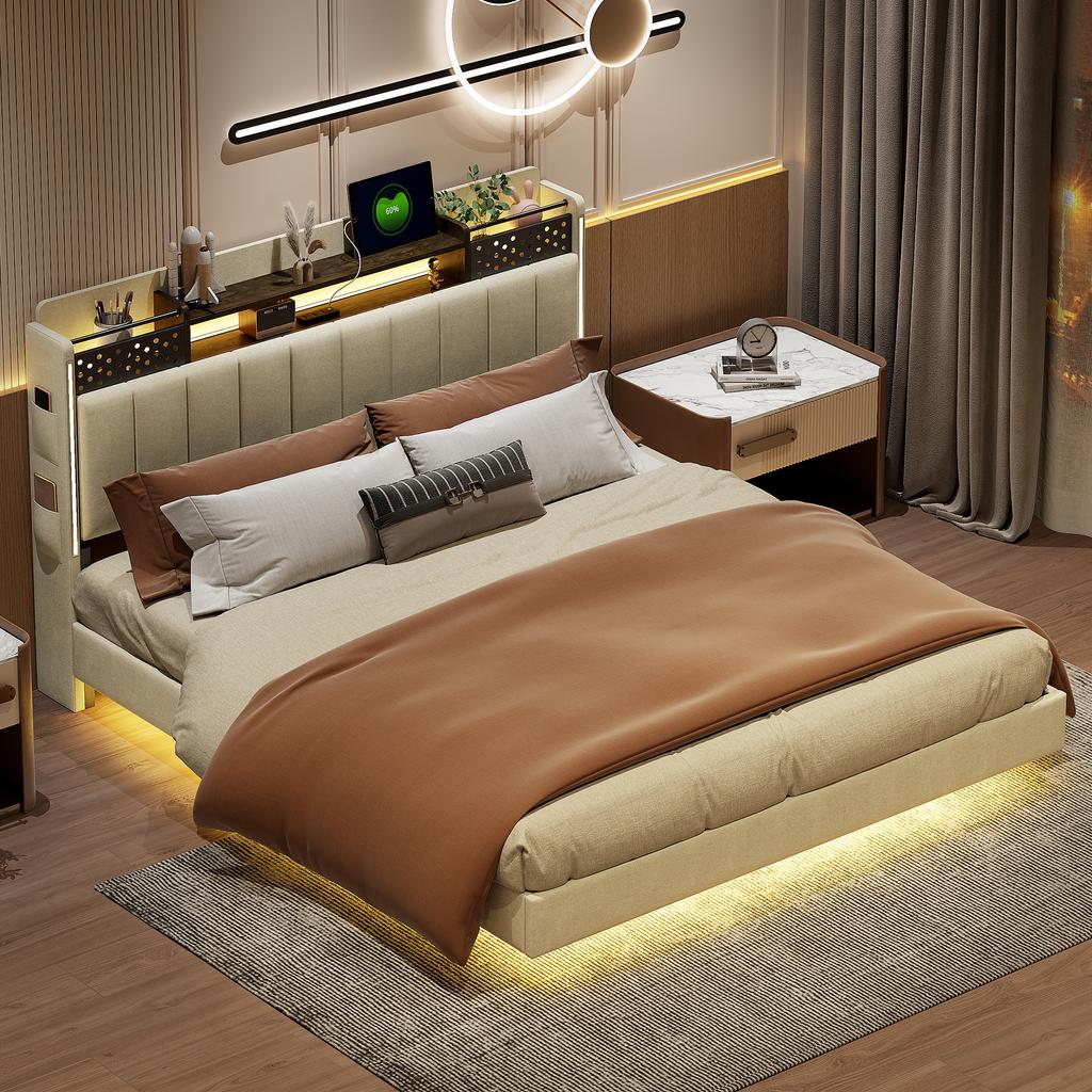 Gestoffeerd Bed 160*200 met LED-verlichting en USB-poort, Hoofdbord met Opbergruimte, Zwevend Bed Jeugd Bed Volwassen Bed, Linnen Stof, Beige