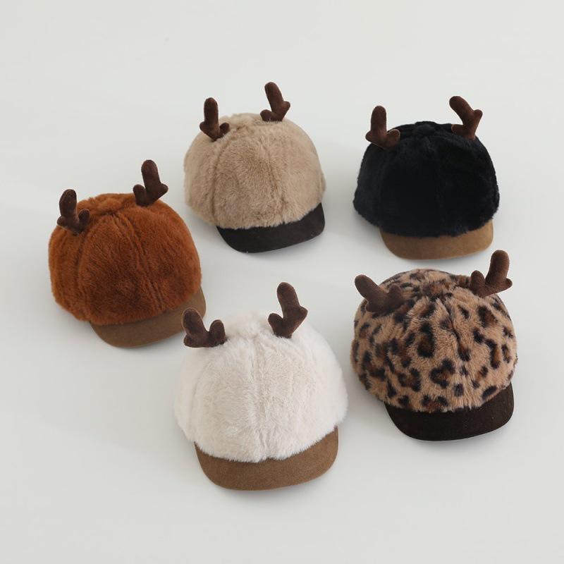 Cute Leopard Print Baby Winter Hat with Antlers - Unisex Korean Style Plush Baseball Cap