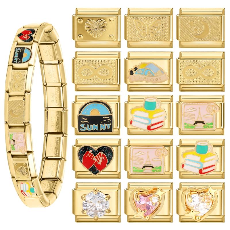 Vintage Sunny Wild Heart Moon Zircon Gold Color Italian Charm Links Fit 9mm Stainless Steel Bracelet Jewelry DIY Making Gifts