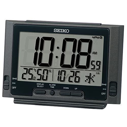 Seiko Clock SQ320K Digital Alarm Clock, Radio-Controlled, Black Metallic, 84 x 132 x 46mm