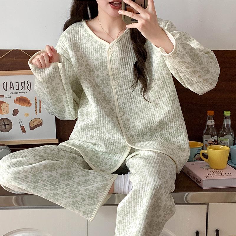 Layered Long Sleeve Cotton Quilted Pajamas Set for Women - Autumn/Winter Casual Cardigan Homewear