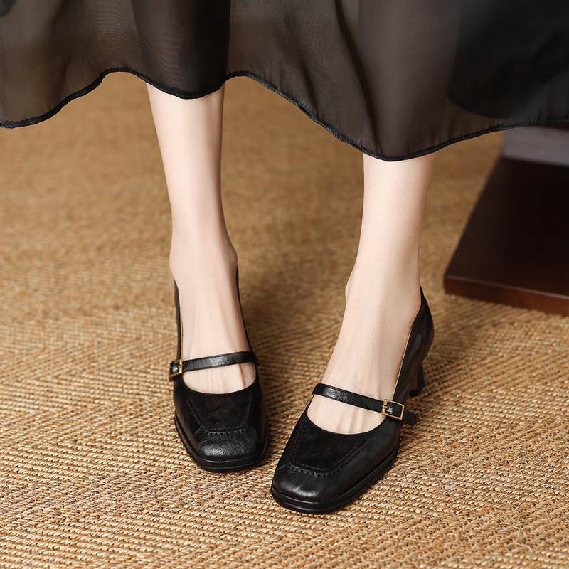 Krazing Pot Sheepskin Square Toe Size 40 High Heels Metal Buckle Decoration Fashion Gladiator Autumn Pumps