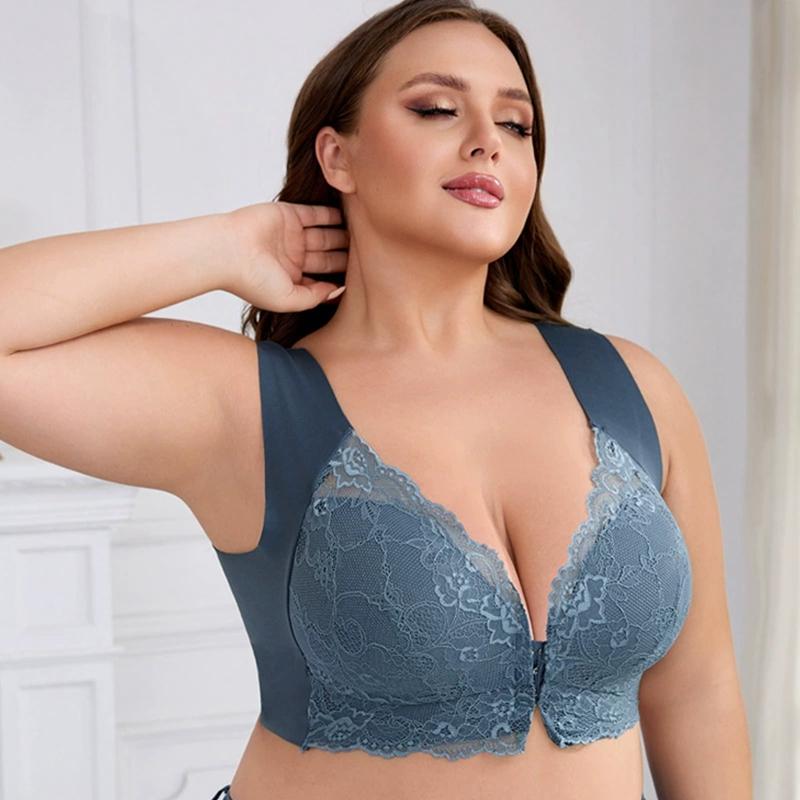 Women Plus Size Wide-strap Lace Bra Front Buckle Bra Gathering Bra