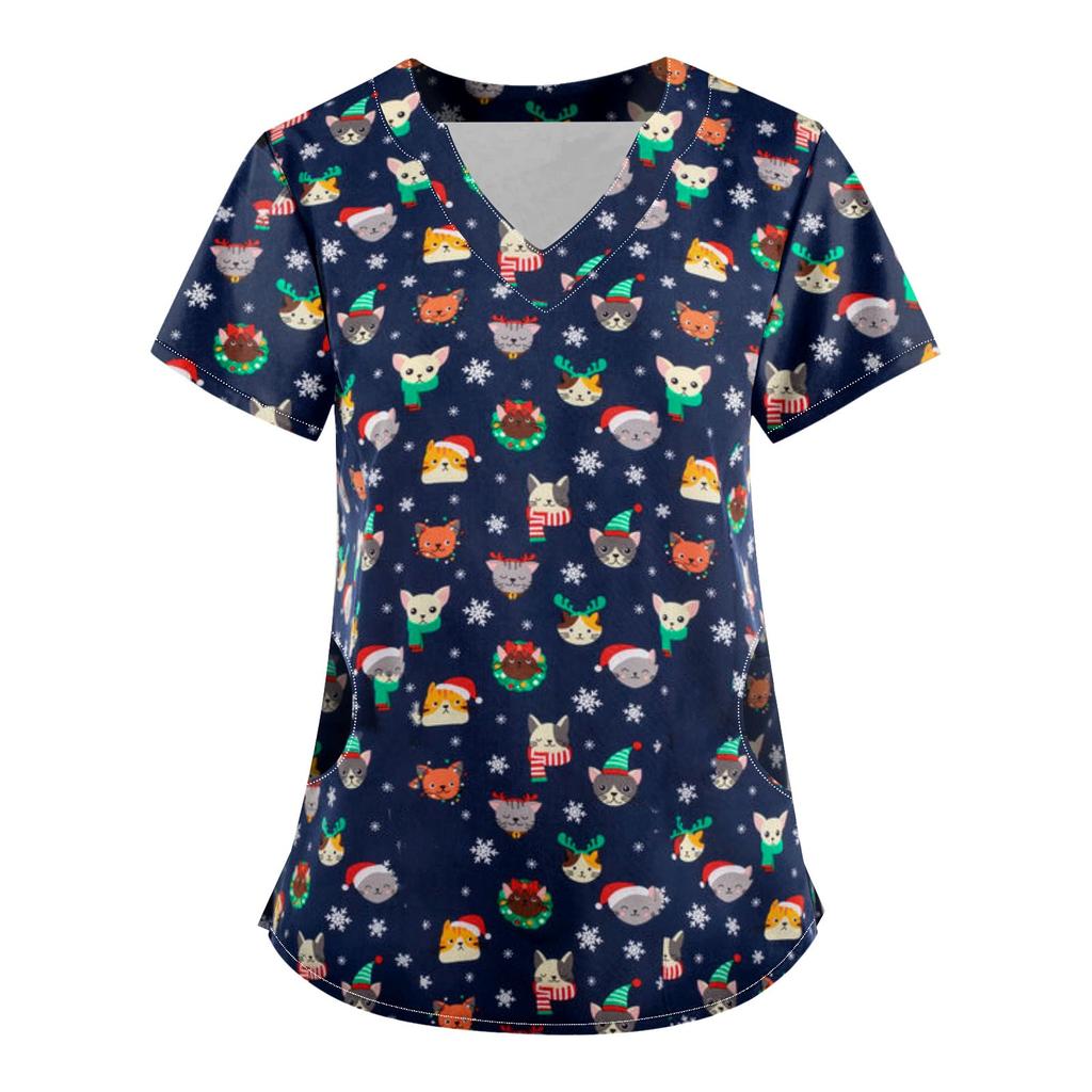Women Short Sleeve V Neck Christmas Cartoon Pattern Tops Pocket Working T-shirts Non-positioning Print