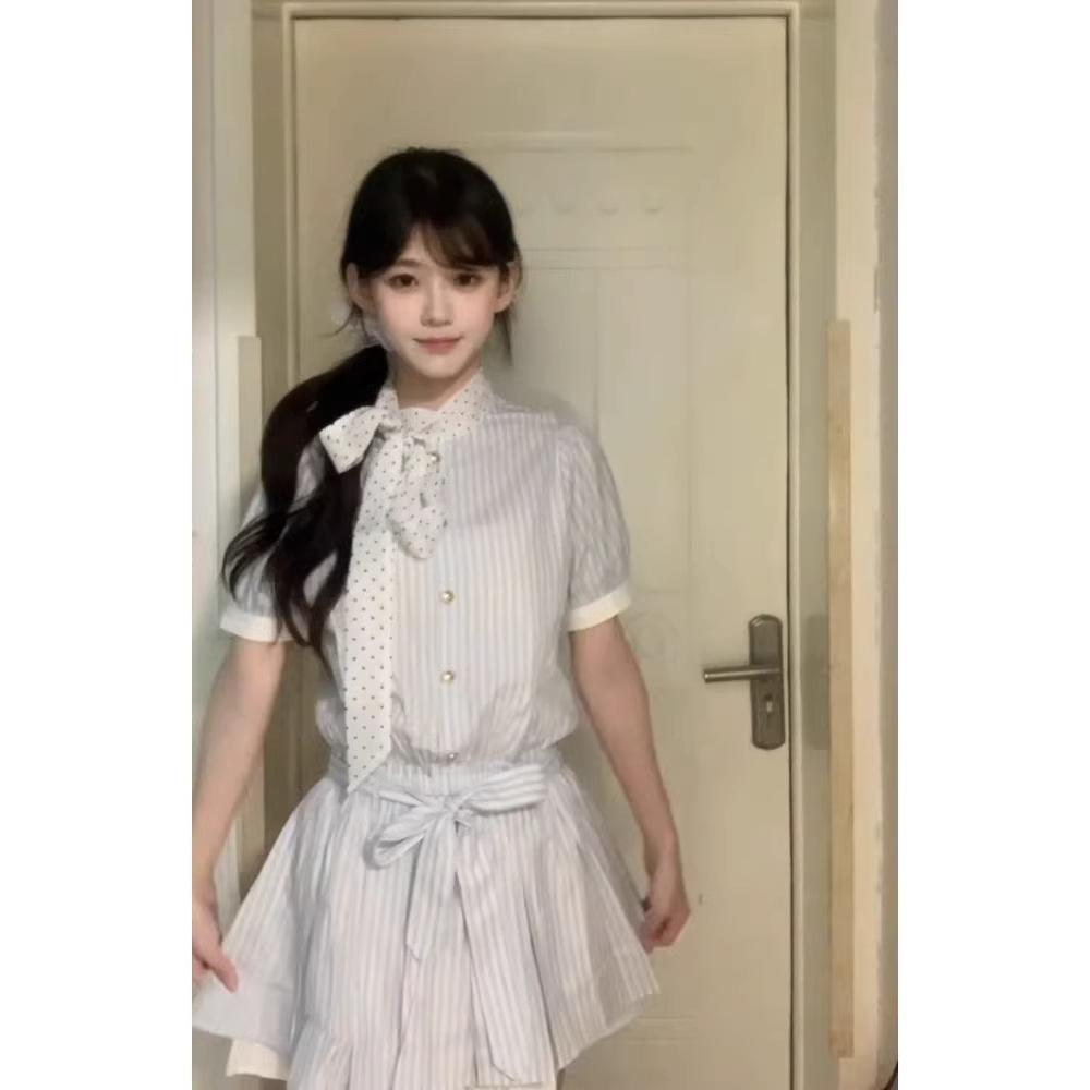 Summer new splicing design contrasting striped shirt dress fashion thin college lace-up skirt short skirt