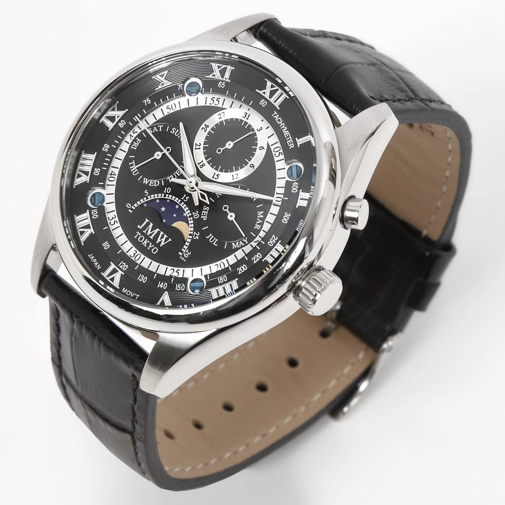 JMW TOKYO Men's Moon Phase Watch, Japanese Movement, 100m Water Resistant, Genuine Leather Strap, Roman Numerals, Black & Silver [Limited To 300