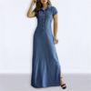 Maxi abito in denim stile europeo americano, casual, con colletto a camicia, gonna svasata con tasche a fessura