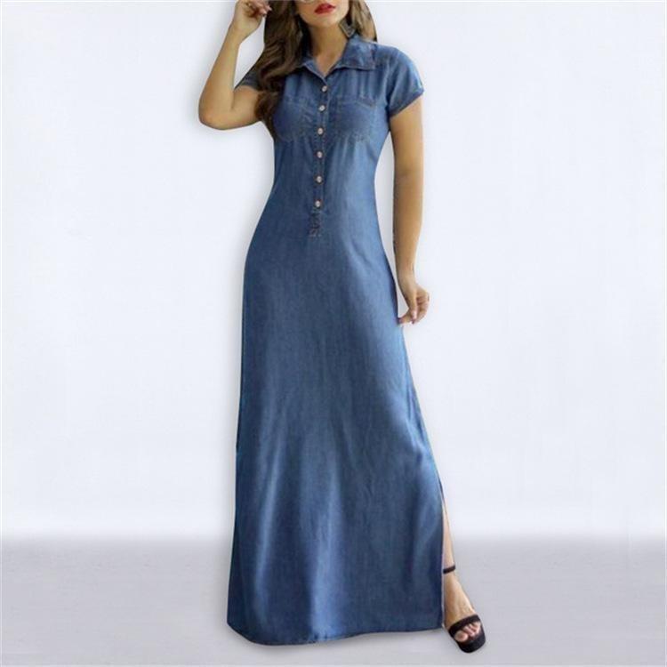 Maxi abito in denim stile europeo americano, casual, con colletto a camicia, gonna svasata con tasche a fessura