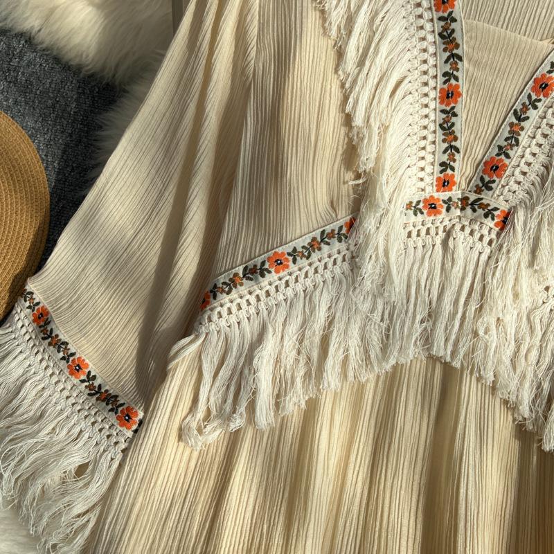 Vintage Lange Kleider Frauen Sommer V-Ausschnitt Halbarm Quaste Patchwork A-Linie Hohe Taille Spitzenkleid