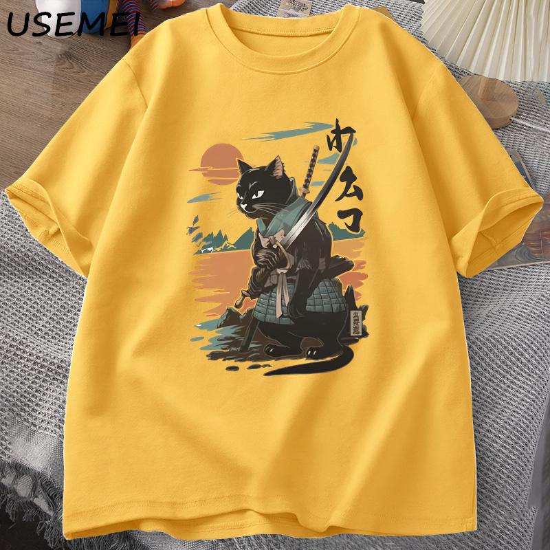 Samurai Cat TShirt Japanese Style Cat Designer Vintage Tshirt Casual Unisex Graphic T Shirts Cotton Short Sleeve Tee Streetwear