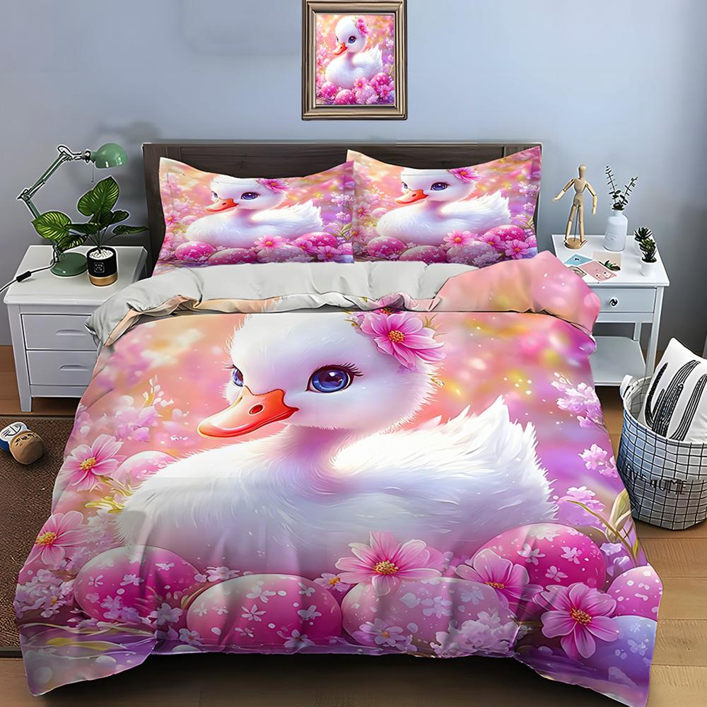 Cute duckling with pink flowers Print Bedding Set 1 Duvet Cover 2 Pillowcases for Adult and Children Luxury Gift Full Size