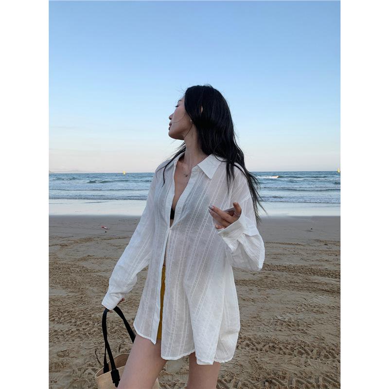 Pusumede Qiao Mei Style: Sheer Striped Long-Sleeve Women s Shirt with Sun Protection and Textured Lazy Look Small