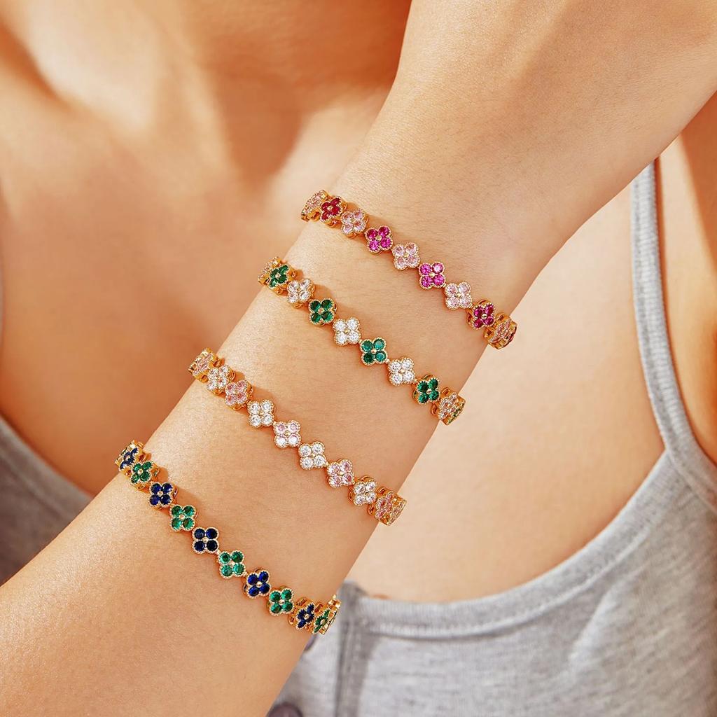 Light Luxury Colorful Zircon Flower Charm Trendy 18K Gold Plated & Rhodium Plated Women's 17cm Rainbow Tennis Bracelet