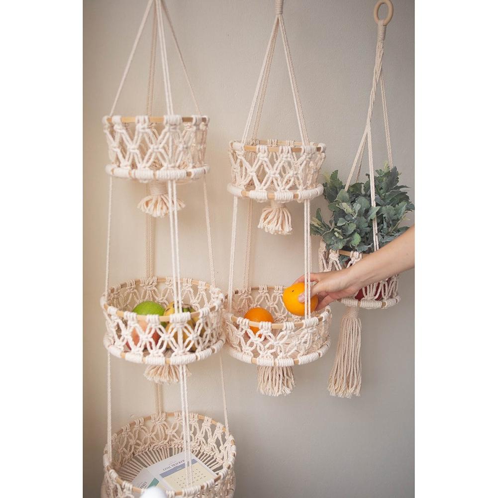 Hanging Basket Macrame Fruit Storage Container Organizer Cotton Rope Hanging Plant Pot For Home Decor