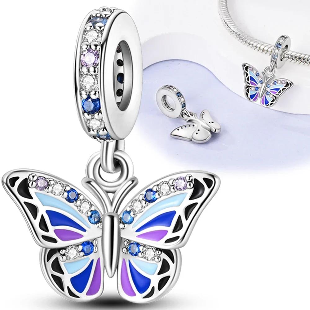Genuine Copper Charm Gradient Ice Blue Butterfly Shape Charm For Original Fashion Bracelet Charm Women'S Beaded Piece Jewelry