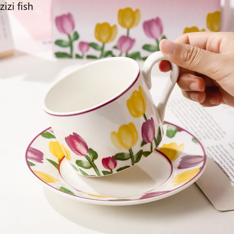 Hand Drawn Tulip Coffee Cup Set Gift Box Ceramic Water Cups Afternoon Tea Cups Breakfast Cup Milk Mug Juice Mug Coffee Mugs