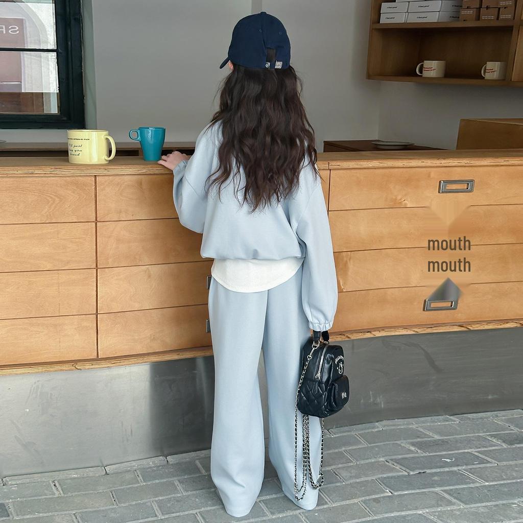 Girls' Autumn 2025 Korean Style Two-Piece Sweatshirt & Pants Set