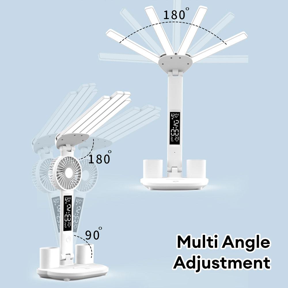 Multifunction Table Lamp LED Four-headed Folding With Fan Calendar Clock USB Rechargeable Desk Light Eye Protection Desk Lamp