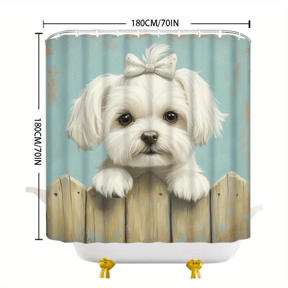 Cute White Puppy Shower Curtain: Polka dot bow, blue fence design, polyester,, 12 hooks, washable, playful dog theme.