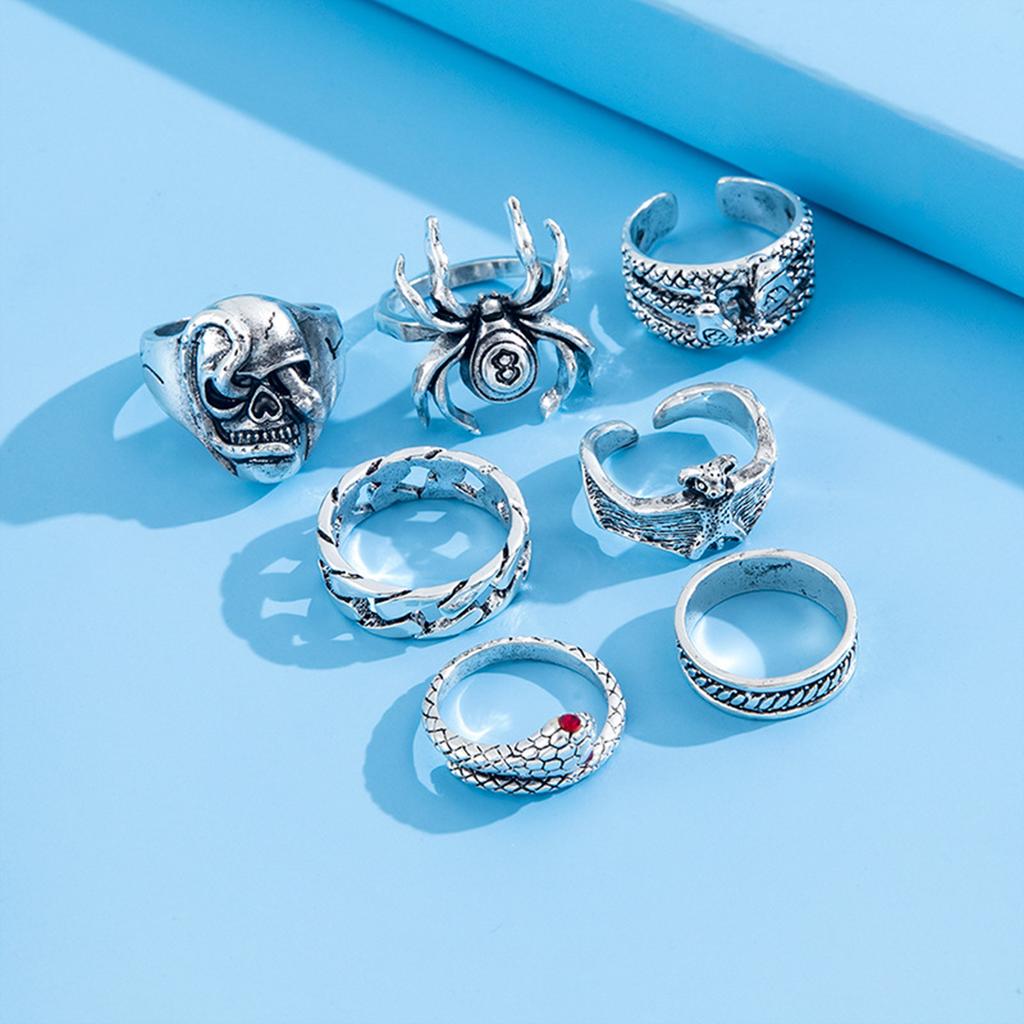 Inel hip-hop nou, din șapte piese, heavy metal, vânt întunecat, șarpe păianjen vechi, craniu de liliac, inel de șarpe cu două capete