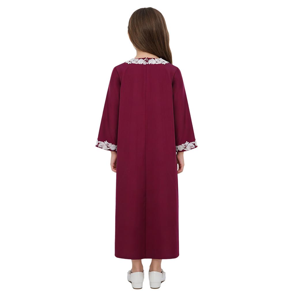Girls Embroidered Lace Muslim Robe Abaya Round Neck Long Sleeve Back Invisible Zipper Loose Dress
