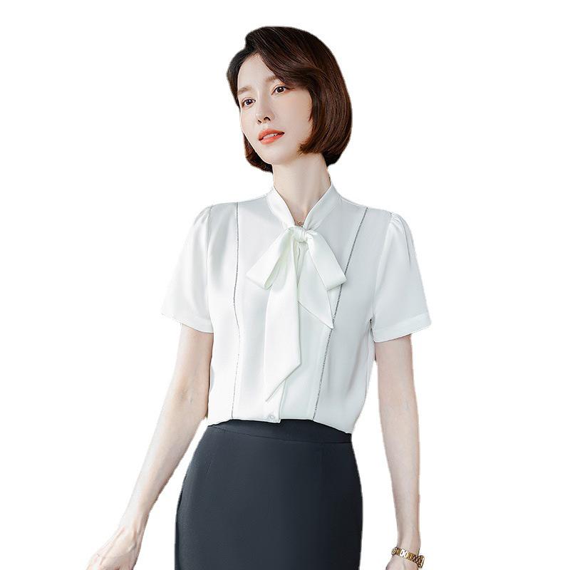 2023 Women's White Bow Blouse: Short Sleeve Workwear for Civil Servant Interviews & Hotel Reception