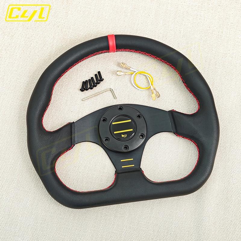 JDM D Shape Red Stitching Leather Steering Wheel Flat Dish Racing Sports Gaming Steering Wheel
