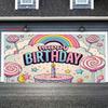 2D Candyland Birthday Backdrop, Pastel Rainbow, Lollipops and Cake Background Cloth