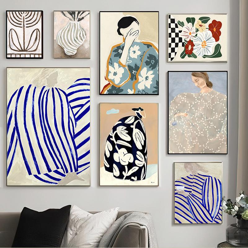 Modern Line Curve Girl Vase Flower Abstract Vintage Posters Prints Wall Art Retro Canvas Painting Pictures For Living Room Decor