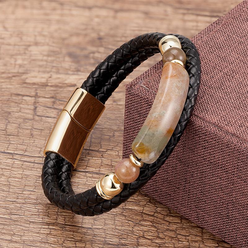 Minimalist Crystal Stone Bracelet Braided Leather Cord Stainless Steel Chain Waterproof Jewelry for Men Women Daily Use