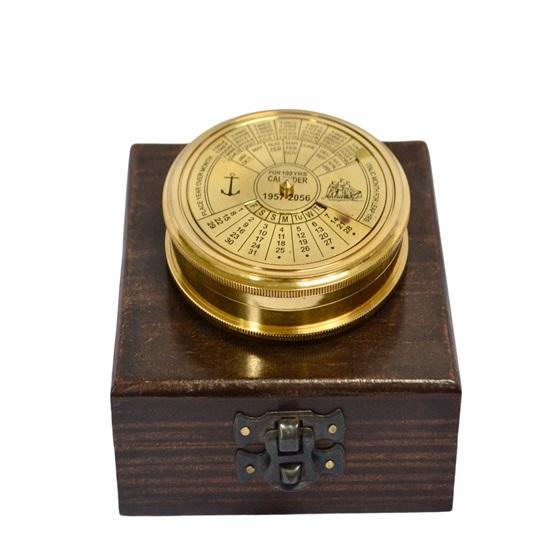 7.62 Cm Large 100 Year Calendar Compass In Wooden Box Brass,
