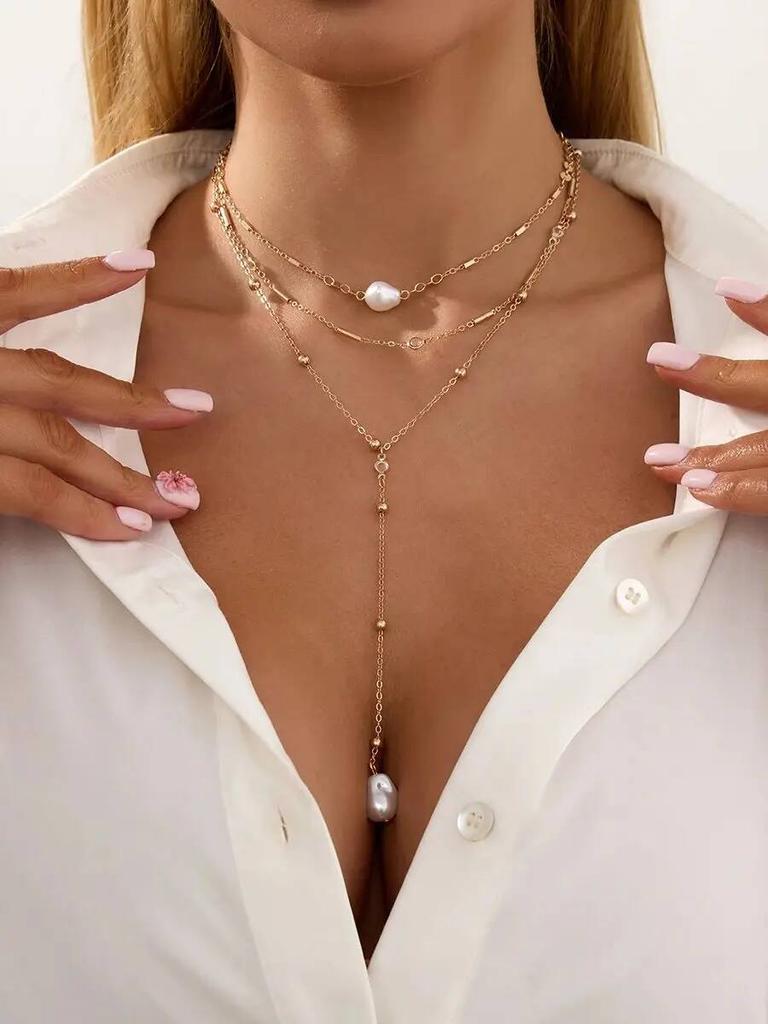 IngeSight.Z 3Pcs/Set Trendy Simple Imitation Pearl Pendant Necklace Women Sexy Exquisite Gold Color Long Chain Jewelry 2026 New