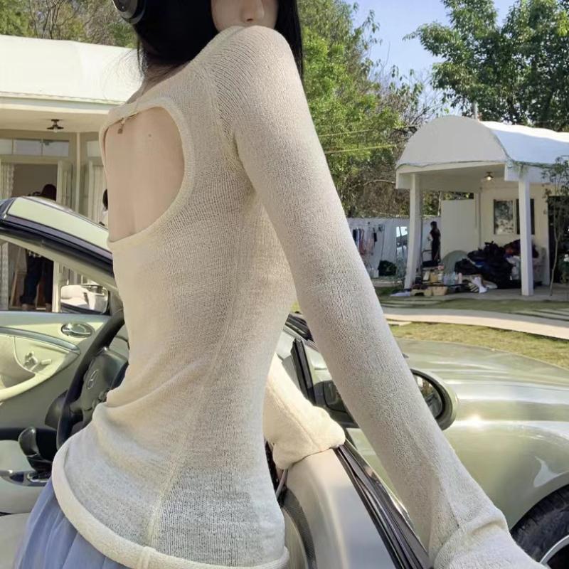 Spring Hot Girl Backless Long Sleeve Knitwear Women's Design-oriented Thin Hollow Out Pullover Sun Protection Top