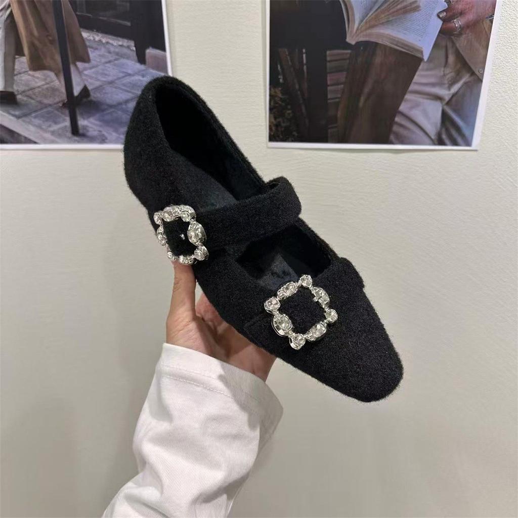 Innere Höherlegung Vierkantkopf Strass Einzelne Schuhe Herbst und Winter 2025 Plüsch Grau Flauschige Schuhe Mary Jane Abendschuhe
