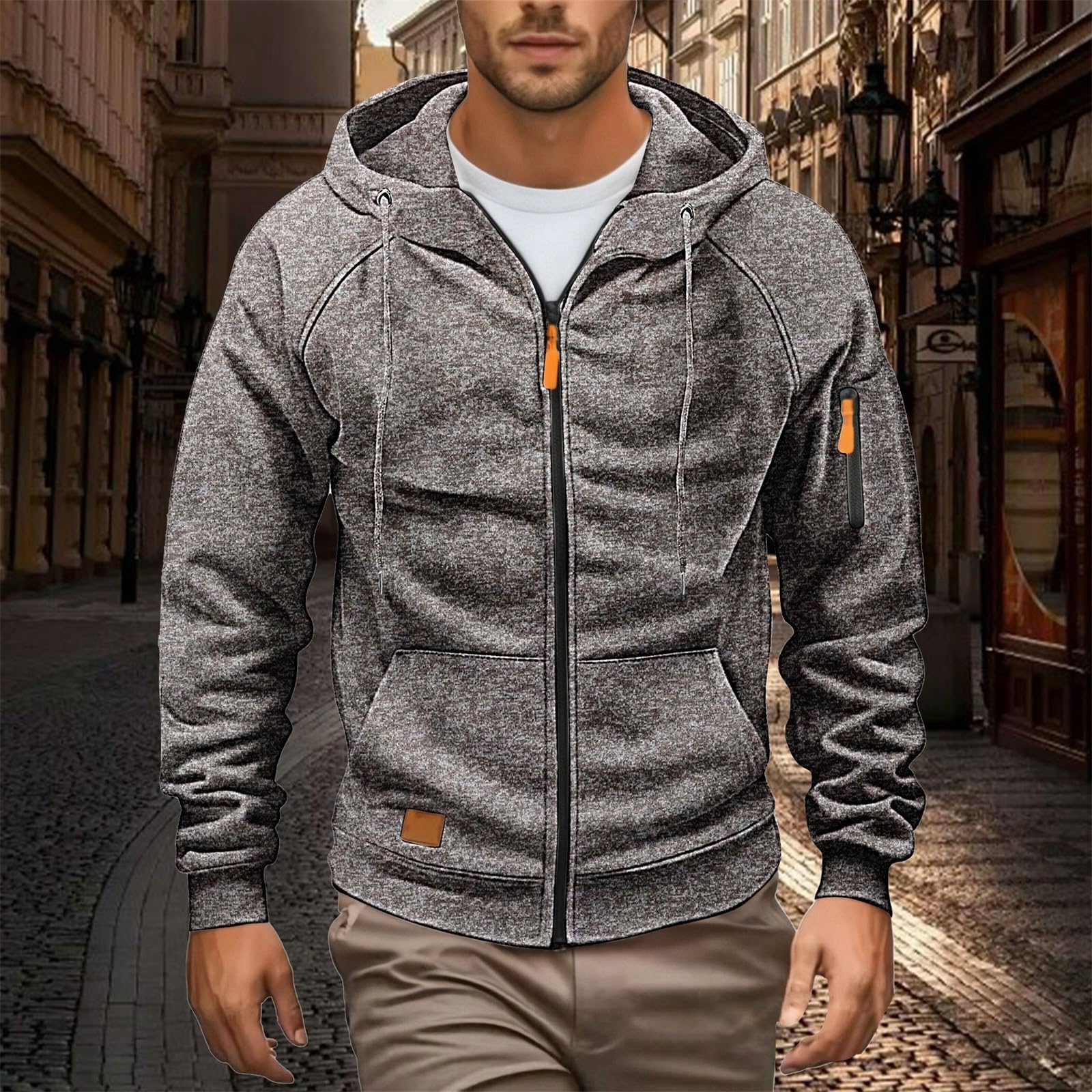 

Мужская флисовая куртка средней плотности на молнии, с длинным рукавом, удобная и уютная толстовка с капюшоном и карманами L верблюд