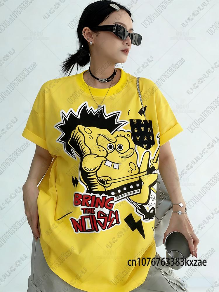 Summer New Cartoon Spongebob Print Tshirts For Wounisex Casual Street Hip Hop Tshirts Kawaii Sleepwear For Couple Y2k Loose Tops