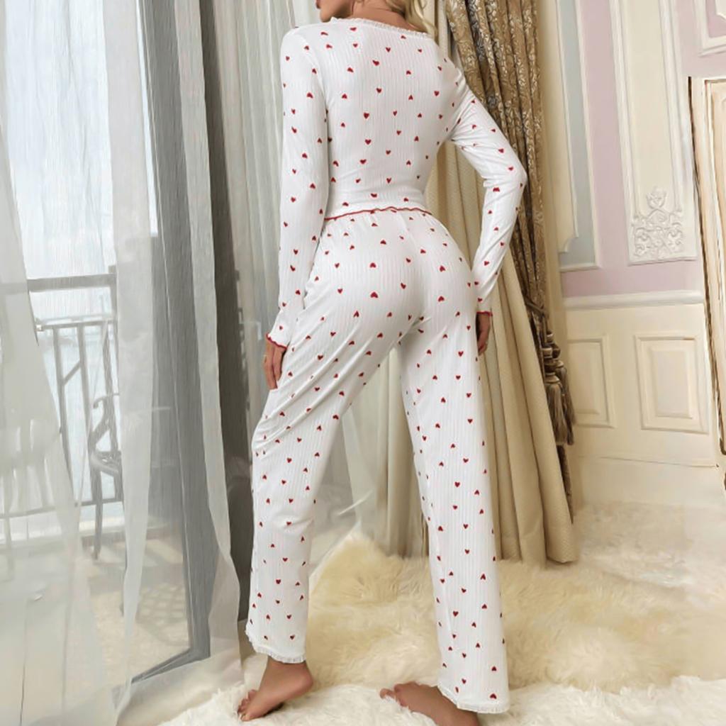 Women's Home Clothes Pajamas Long Sleeved Pants Loose And Comfortable Sexy Lace Love Print V-neck Two-piece Set