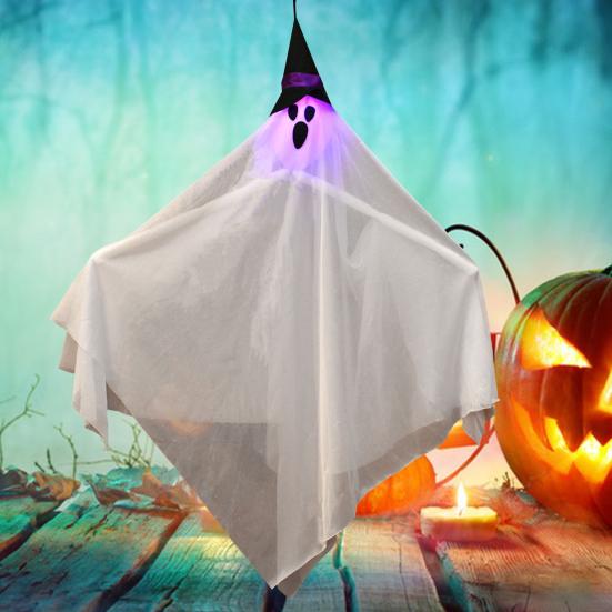 Halloween Hanging Light-up Ghosts Outdoor Flying White Cloth Ghost with Witch Hat for Front Yard Patio Lawn Garden Porch Indoor Outdoor Decoration